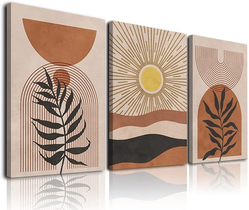 Boho Wall Art, Mid-Century Modern Wall Art Prints, Framed Neutral Abstract Canvas Art Prints Orange Brown Sun Desert Leaf Boho Botanical Wall Decor, Boho Painting Ready To Hang for Bathroom Bedroom