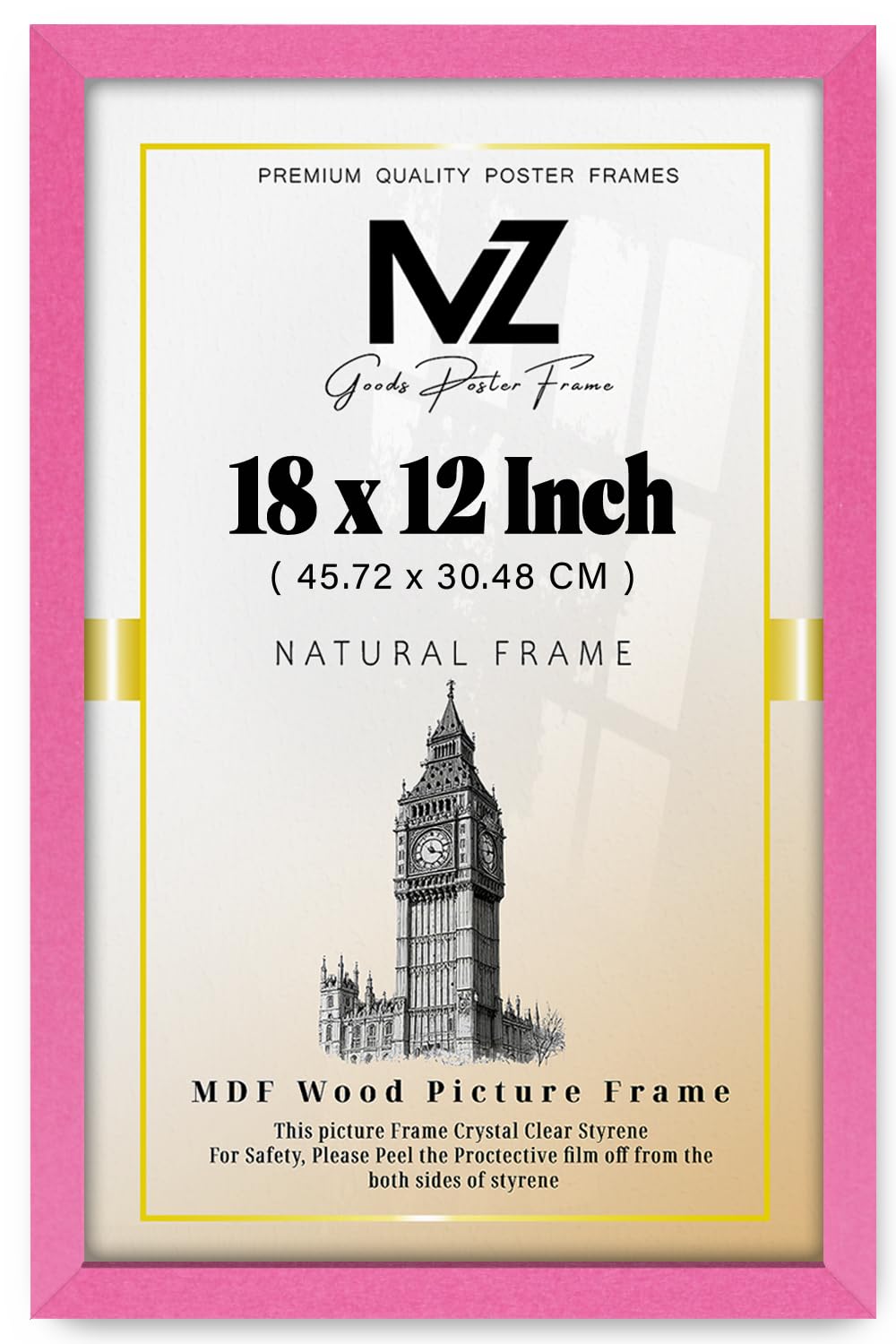 MZ GOODS | MDF Picture Frame (45.72 x 30.48 CM) 18x12 Inch for Posters, Certificates & Room Design, Portrait & Landscape Hanging Hooks [ Pink ]