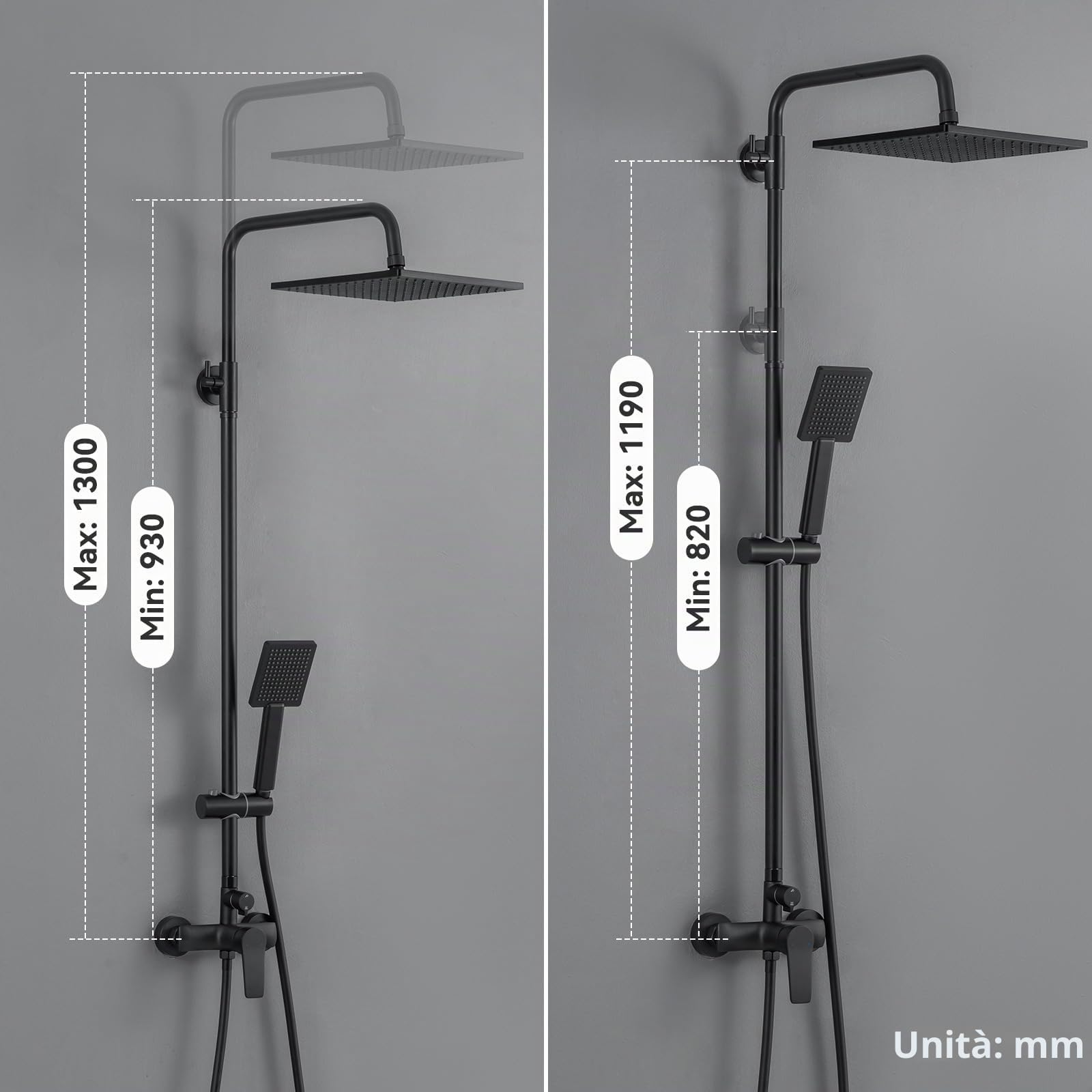 Auralum Colonna Doccia con Miscelatore, Asta Doccia con Soffione e Doccetta, Saliscendi Doccia Acciaio Inox Altezza Regolabile 90-130cm, Gruppo Doccia Completa con Miscelatore Doccia Esternoe Nera