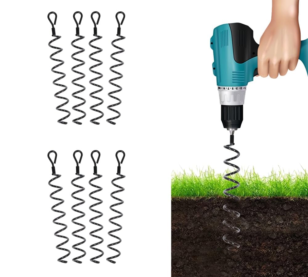 Mytee Products 8 Pack 18 inches Spiral Shed Anchor Kit w/Removable Eye Bolt - Steel Black Earth Auger Tent Stakes Heavy Duty Ground Screw Anchor for Securing Tents, Canopies, Tarps, Swing Sets