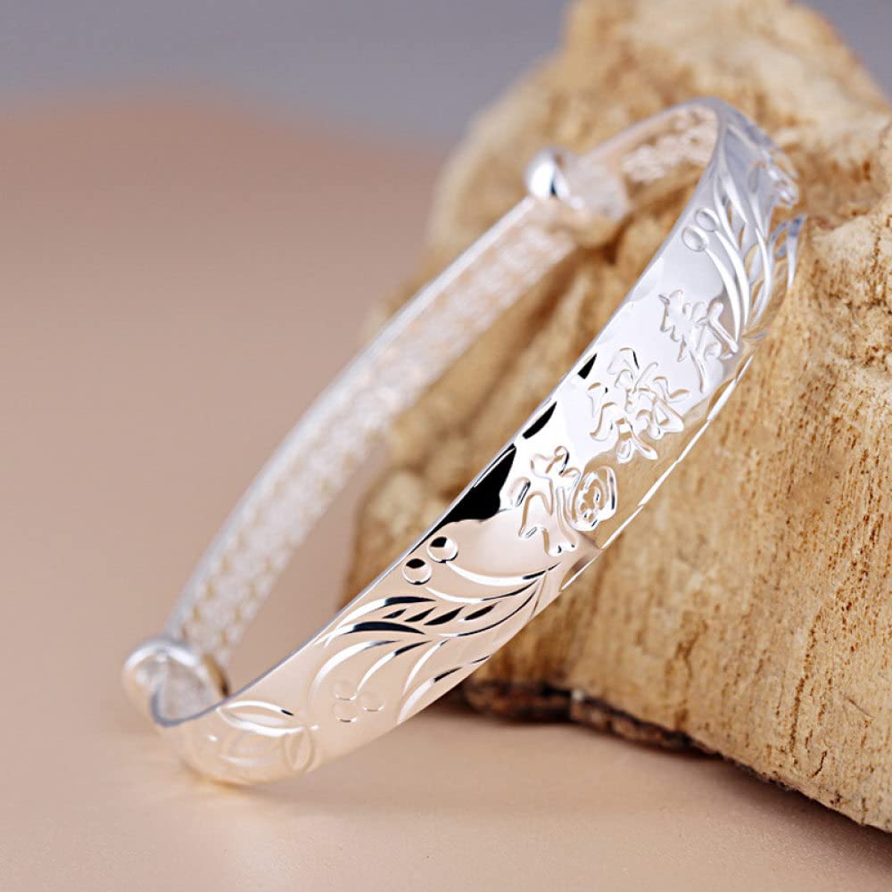 Bracelet Jonc Argent Femme,Femmes S999 Bracelet en Argent Vintage Sculpté Manchette Réglable Bracelet Amitié Bracelet Dames Bijoux en Argent Anniversaire Cadeaux Chanceux pour Sœurs Ami Couples