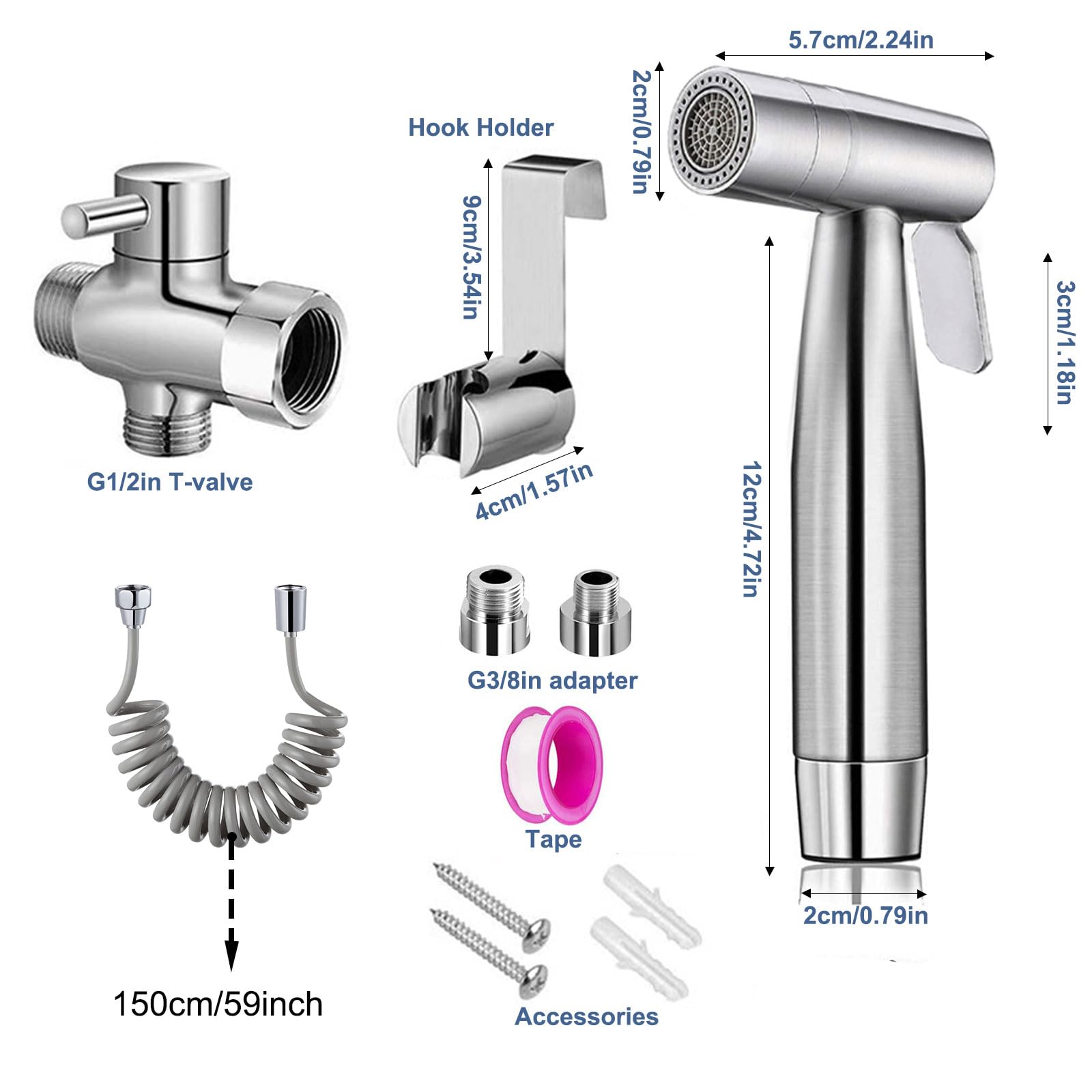 Bidet, ręczny spryskiwacz toaletowy, podwójny tryb (Jet/Stream), do prysznica, łazienki, higieniczny, do czyszczenia pieluch, z wężem sprężynowym G1/2" i zaworem G3/8"