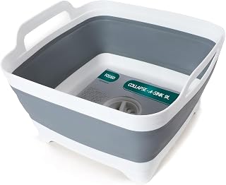 2.4 Gal(9L) Collapsible Dish Basin with Drain Plug,Space Saving Multiuse Foldable Sink Tub,Dishpan,Kitchen Sink for Camping,Plastic Tub,Vegetable Washing (White) (Grey)