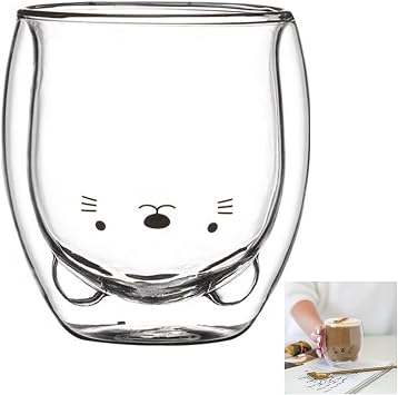 Lily Anne Boutique Cute Glass Drinking Cups - Cat,Duck,Dog,or Bear Double Wall Glass Cup - Use as a Glass Coffee Cup,Tea Cup,Cocktail Cup,or Milk Cup - Large 12.6oz Cups Cat