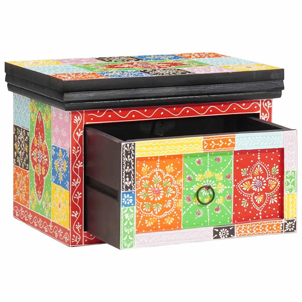 Table de chevet bohème en bois massif multicolore : petite table de nuit compacte avec 2 tiroirs