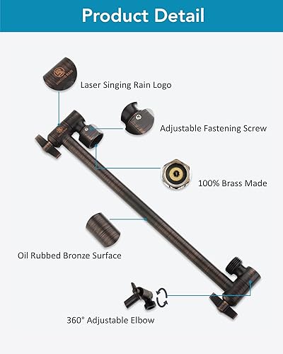 Miniatura 6 de Brazo de extensión de cabezal de ducha ajustable extra largo de 15 pulgadas con tornillo de bloqueo, ángulo de latón ajustable en altura, fácil de