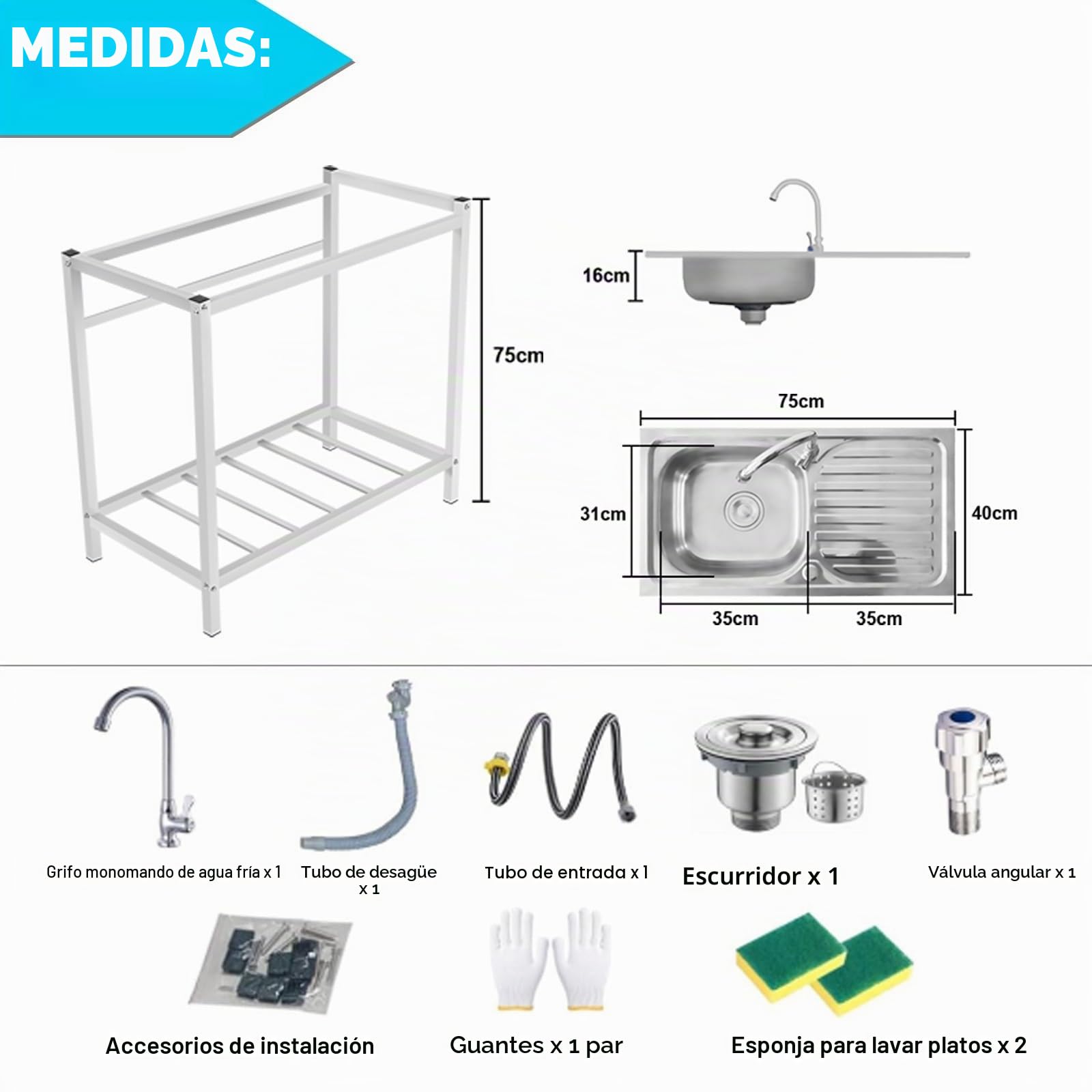 Fregadero Comercial de Acero Inoxidable 75x40xh75cm con Patas, Grifo Giratorio de 360°, Kit de Desagüe Incluido, Ideal para Jardín, Lavadero y Hostelería