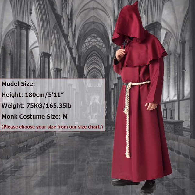 Foto 5 de 5 de BLESSUME Monje Disfraz Sacerdote Fraile Medieval Encapuchado Renacimiento Túnica (L, Borgoña)