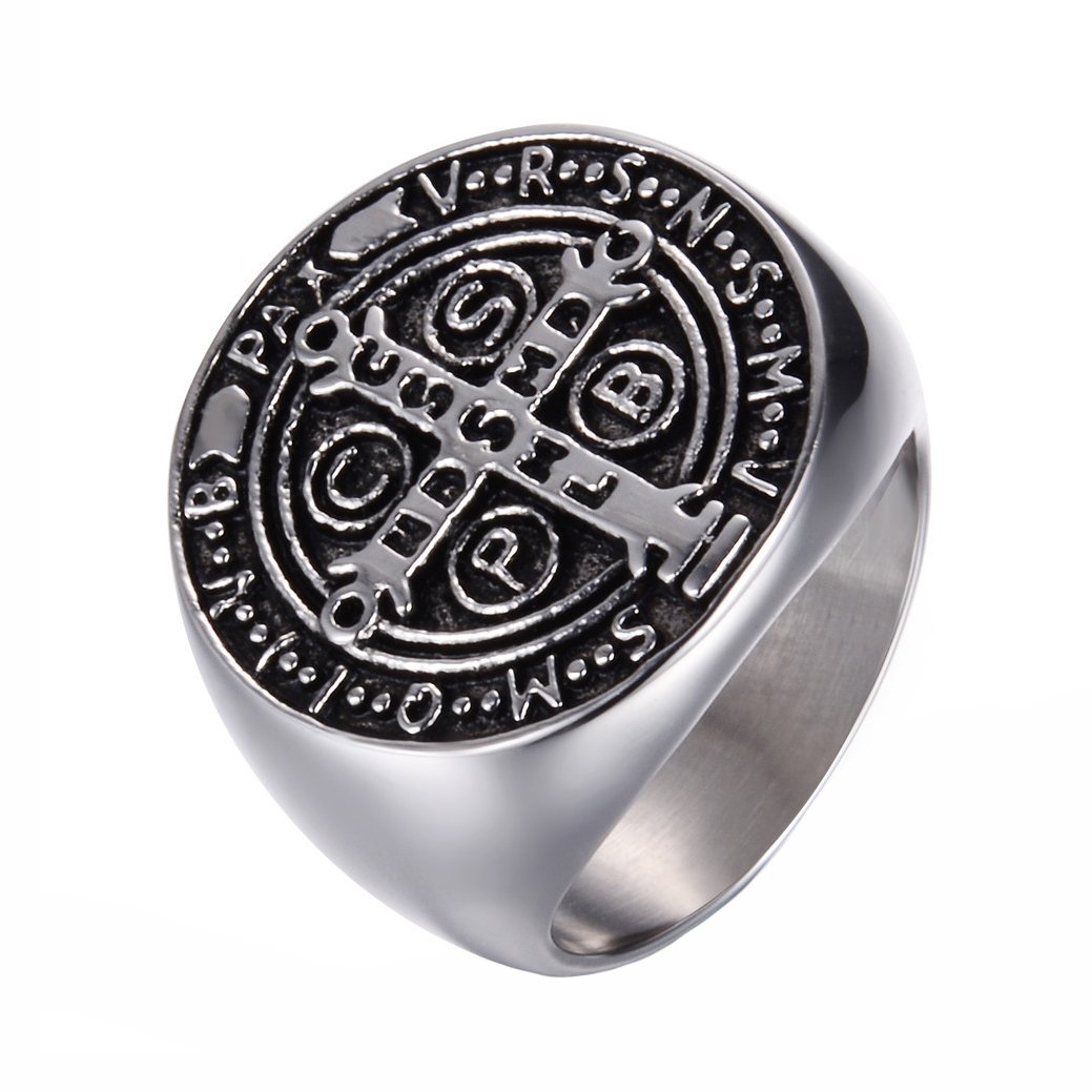 SINLEO Men's Stainless Steel St Benedict Exorcism Ring Catholic Cross Demon Protection Ghost Hunter