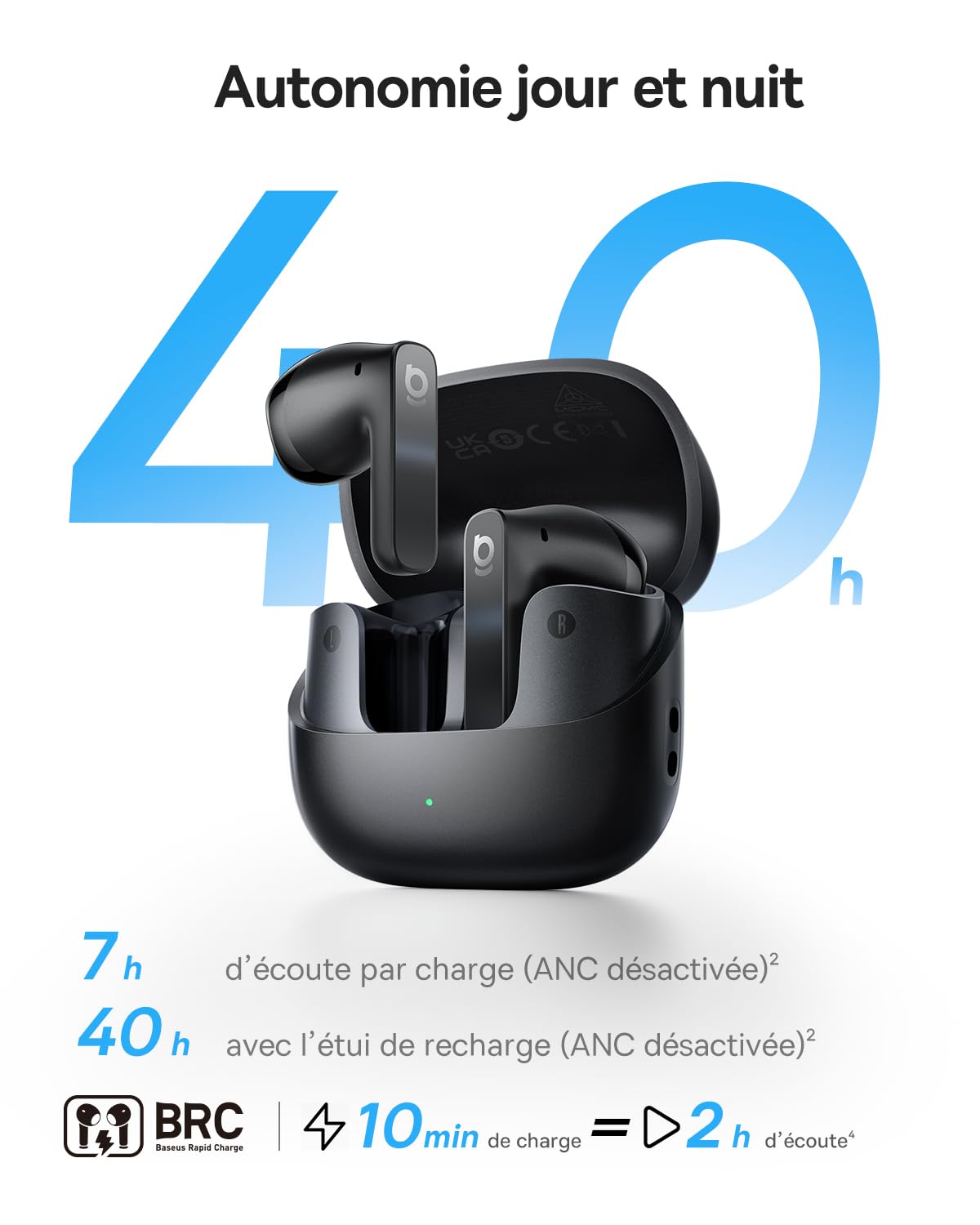 Baseus BS1 NC Écouteurs Bluetooth sans Fil Semi-in-Ear, Ecouteurs San Fil avec Réducteur de Bruit Actif, Hi-Res, Driver 13 mm, 6-Mic AI pour Appels Clairs, IP55, Autonomie de 40 Heures, Bluetooth 6.0