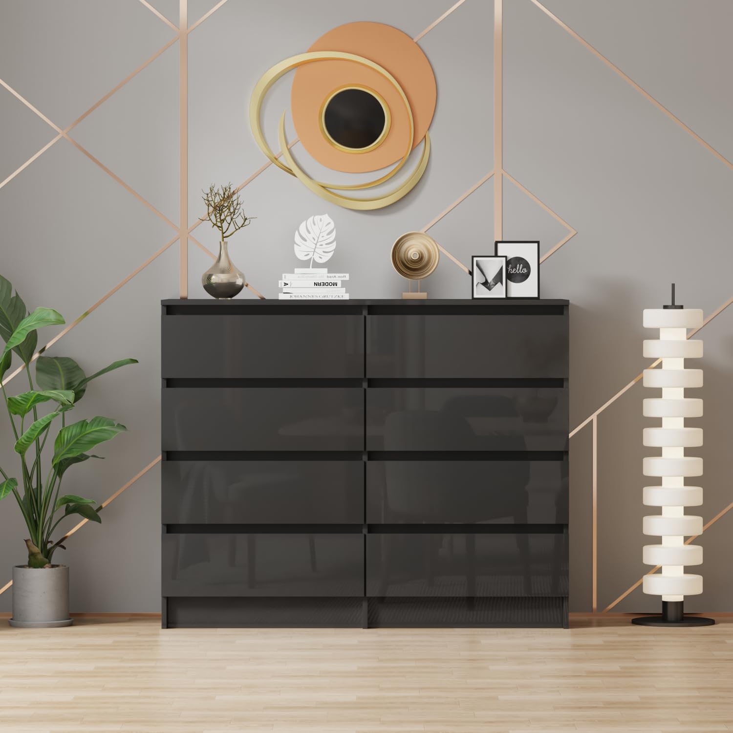 LSLIFE Weiße Kommode mit 6/8 Schubladen Hochglanz Schlafzimmerschrank Nachttisch Sideboard Stauraum Möbel für Wohnzimmer Büro Flur (Black 8 Drawer)