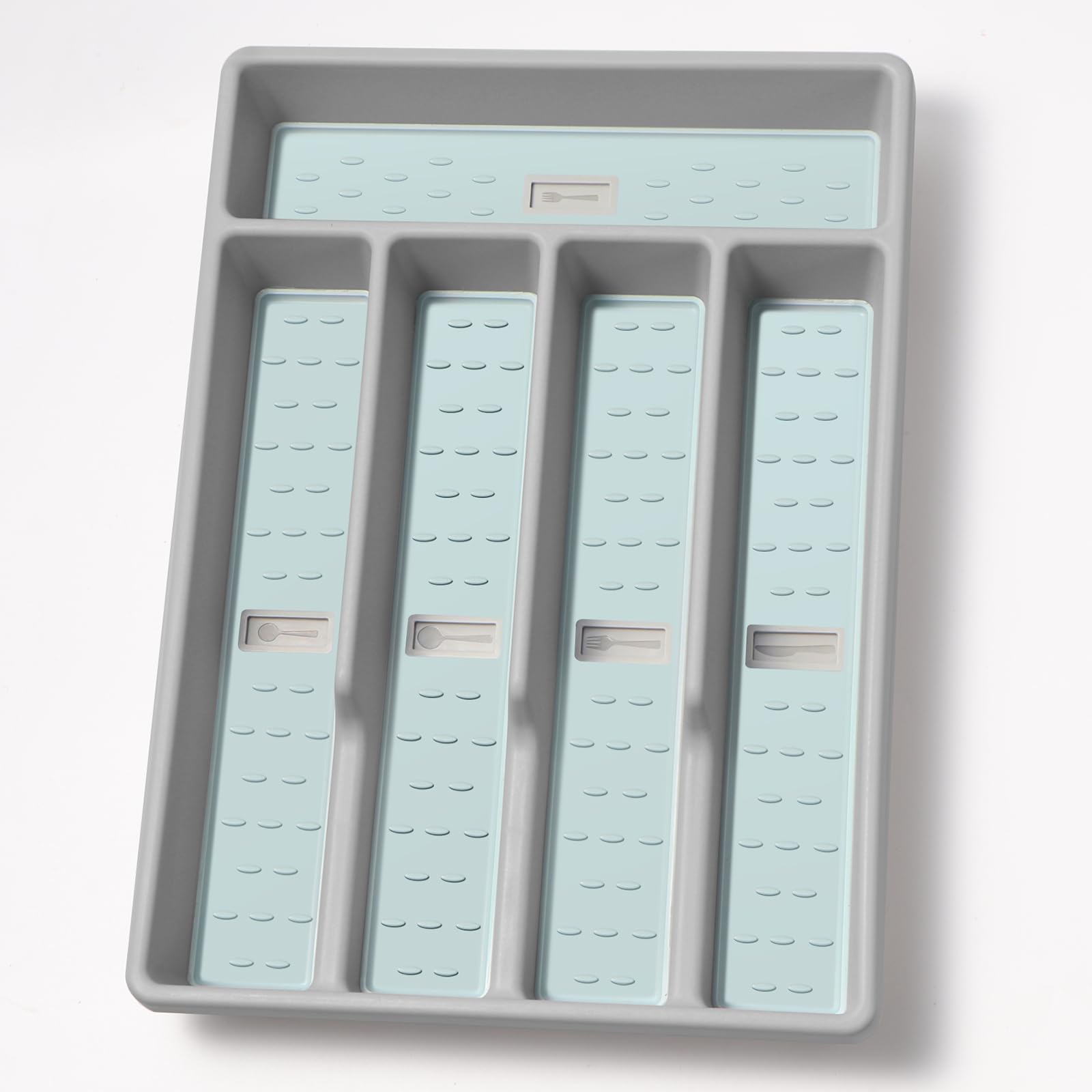Silverware Organizer with Cutlery Icons，Silverware Tray for Kitchen Drawer，Flatware Tableware Cultery Drawer Organizer Utensil Organizer with Non-slip TPR Linings，Kitchen Organization Essentials