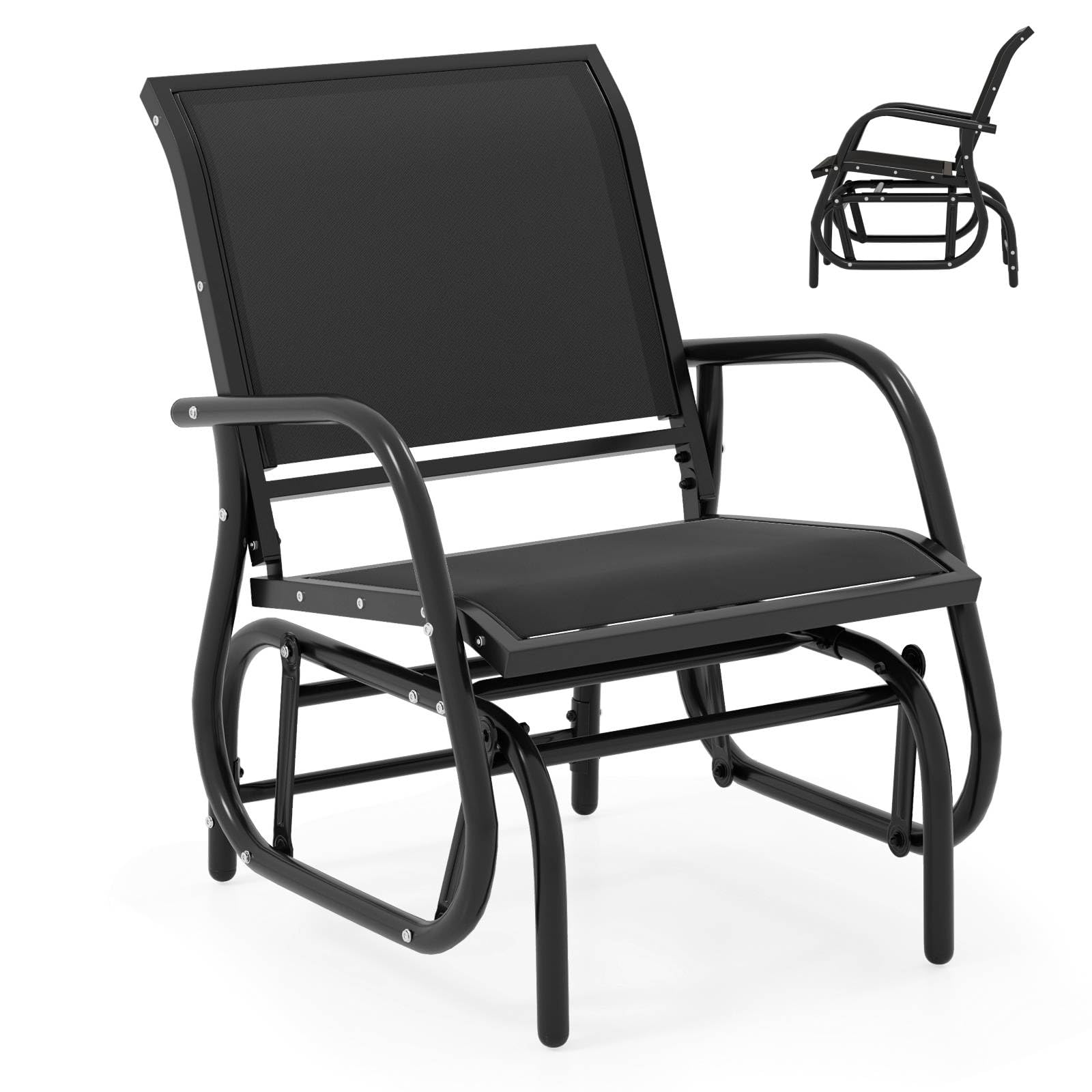 RELAX4LIFE Garden Glider Chair, Outdoor Metal Frame Rocking Seat with Armrest, Single Gliding Swing Armchair for Patio, Porch and Poolside (Black)