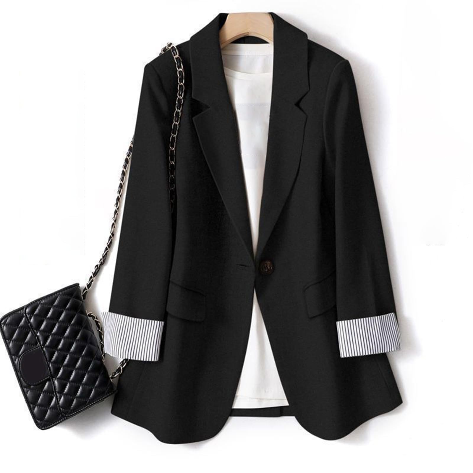 Blazers Mujer Talla Grande Blazers Mujer Talla Grande Americana Casual Chaqueta Americana Negra Abrigo Color Sólido Versátil con Botones Al Frente Entallada Ideal para Uso Diario Elegante Blusa para