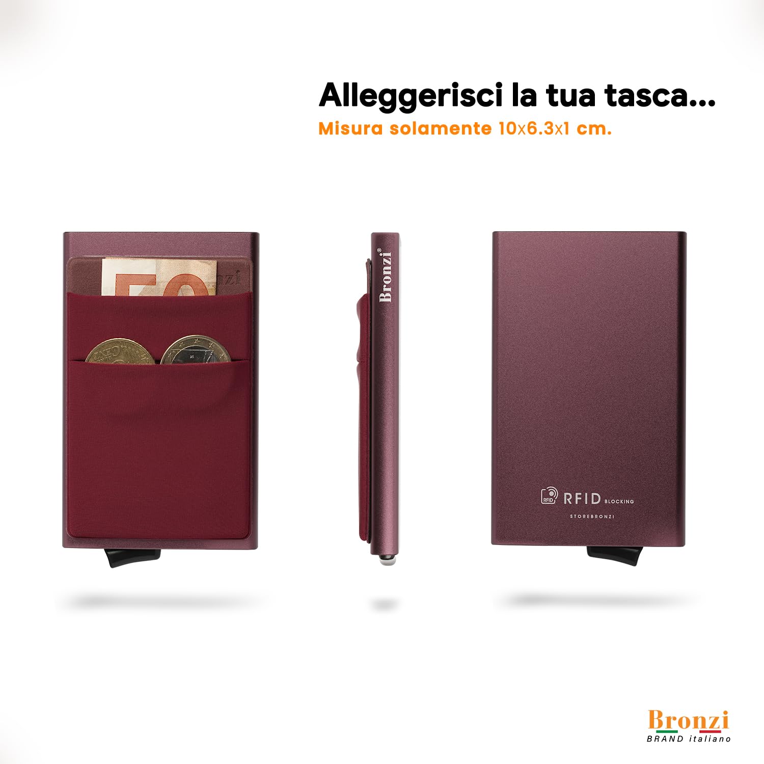 Bronzi® Portafoglio Porta badge Uomo Donna Slim Porta Carte Credito - Protezione RFID - Mini Portatessere tascabile smart (Rosso Vino)