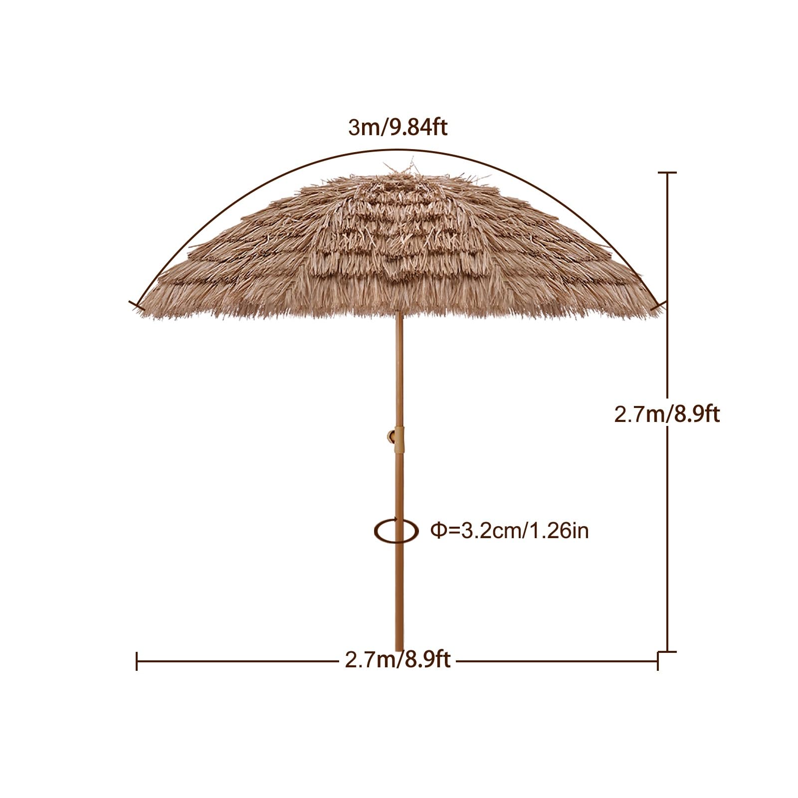 Hawajski parasol Tiki do użytku na zewnątrz, z ochroną UV i funkcją nachylenia, wodoszczelny parasol plażowy ze słomy, tropikalny parasol tarasowy ze słomy, do stołów na świeżym powietrzu, z uchwytem