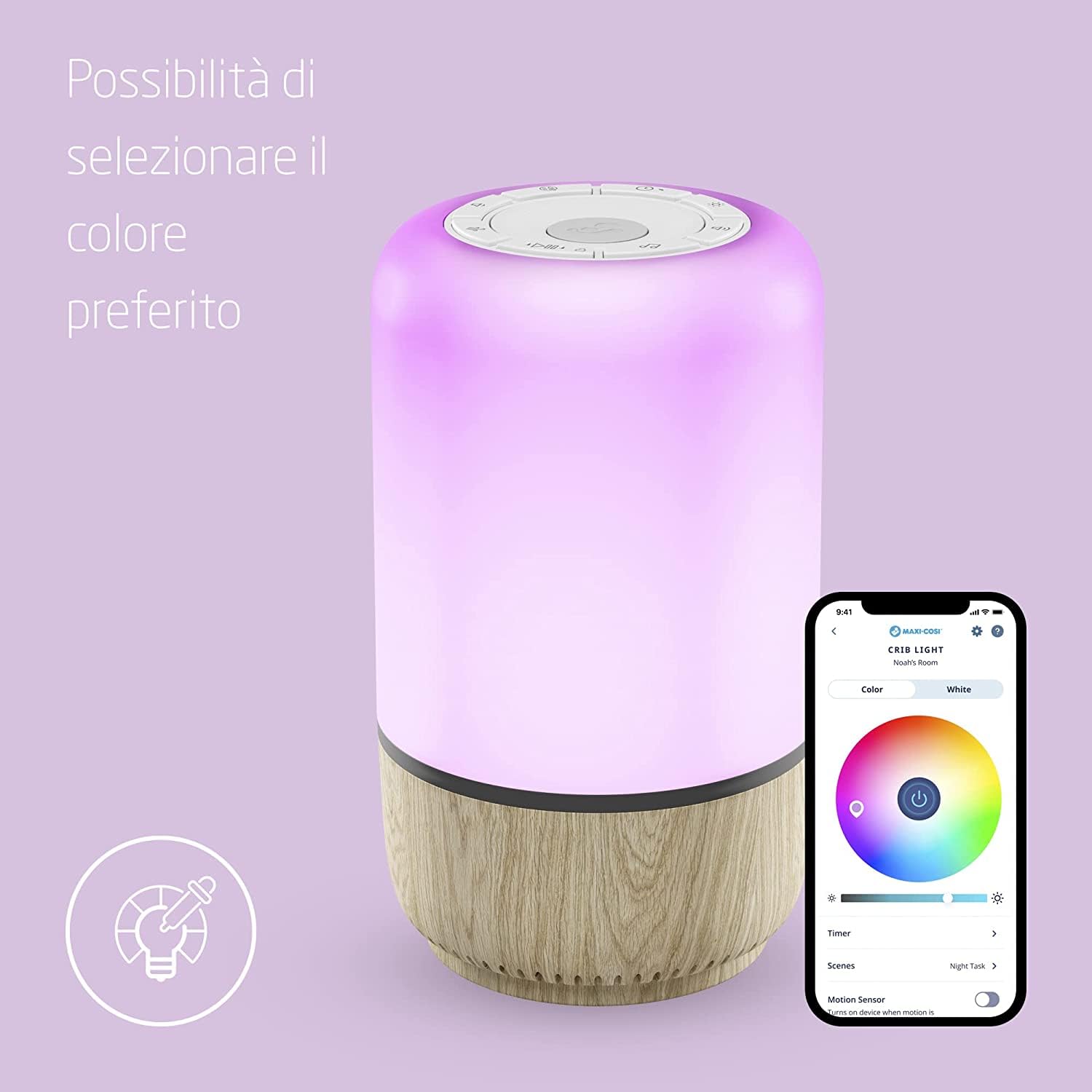 Maxi-Cosi Soothe Luce notturna intelligente per bambini con rumore bianco e musica, aiuta a sviluppare routine del sonno, attivabile con app o comando vocale, compatibile con Alexa e Google Home