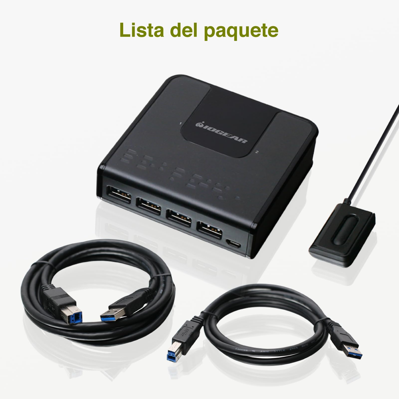 IOGEAR USB 3.0 Switch 2 Entradas y 4 Salidas Conmutador USB 3.0 con Indicadore LED incluye 2 Cables USB B a USB A Control Remoto Compatible con PC Mac