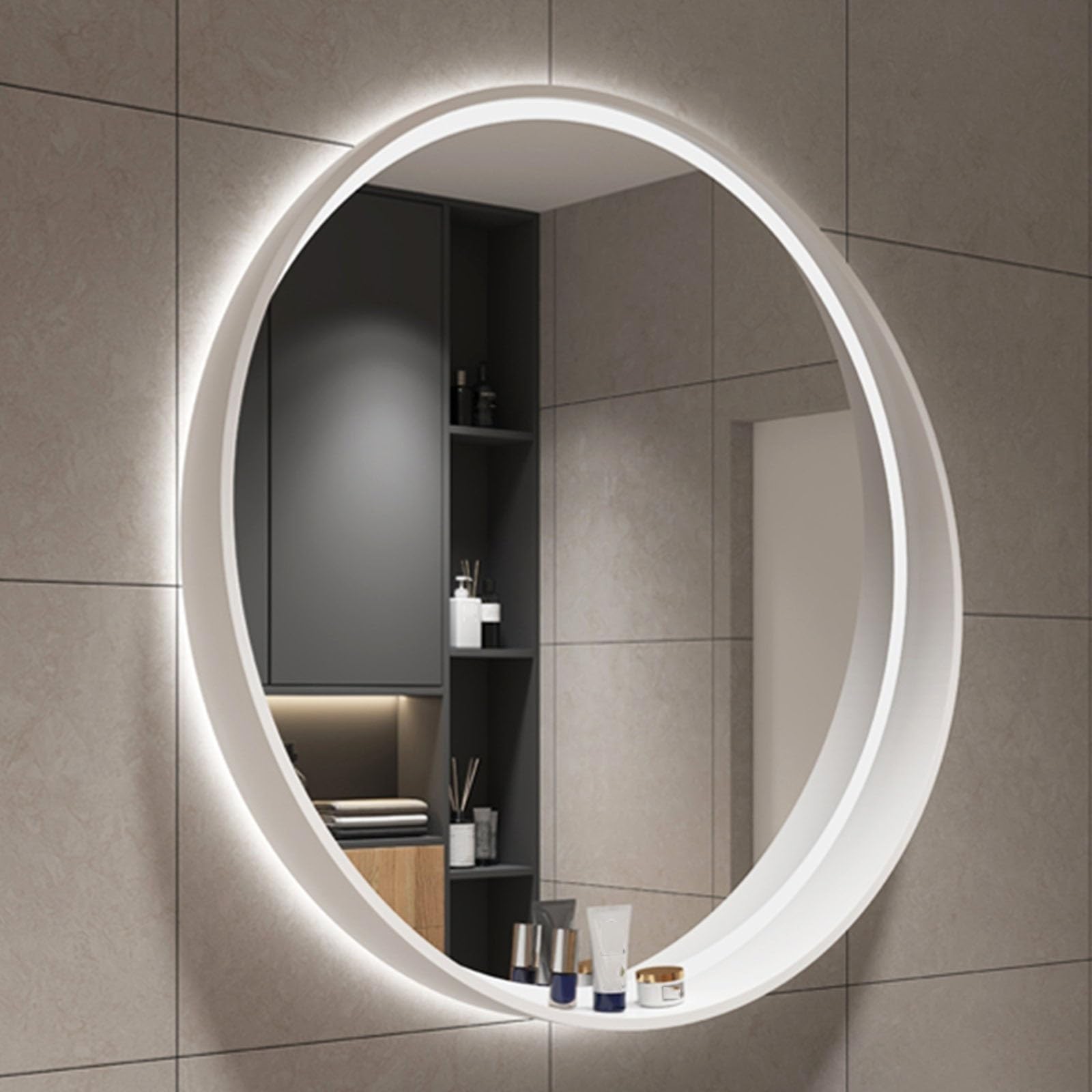 SXFSDOU 60CM LED Round Bathroom Mirror with Wooden Frame - Vintage Circle Vanity for Living Room, Bedroom, Hallway Large Makeup in White Finish