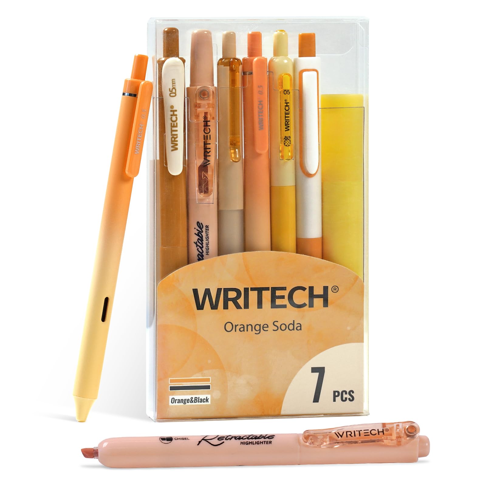 WRITECHGel Pens Journaling Highlighters: Journal Set Aesthetic Assorted Pastel Color Ink 0.5mm Fine Point Retractable 0.7mm Black Pen Smooth Writing Drawing No Bleed 7ct (Orange)