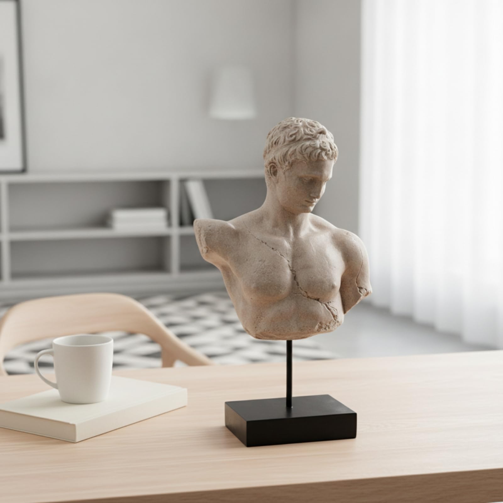 LOVIVER Escultura de Resina Busto Clásico Estatua Figura Decoración Arte Clásico con Textura Craquelada y Base Estable en Madera y Metal Adecuada para Salón
