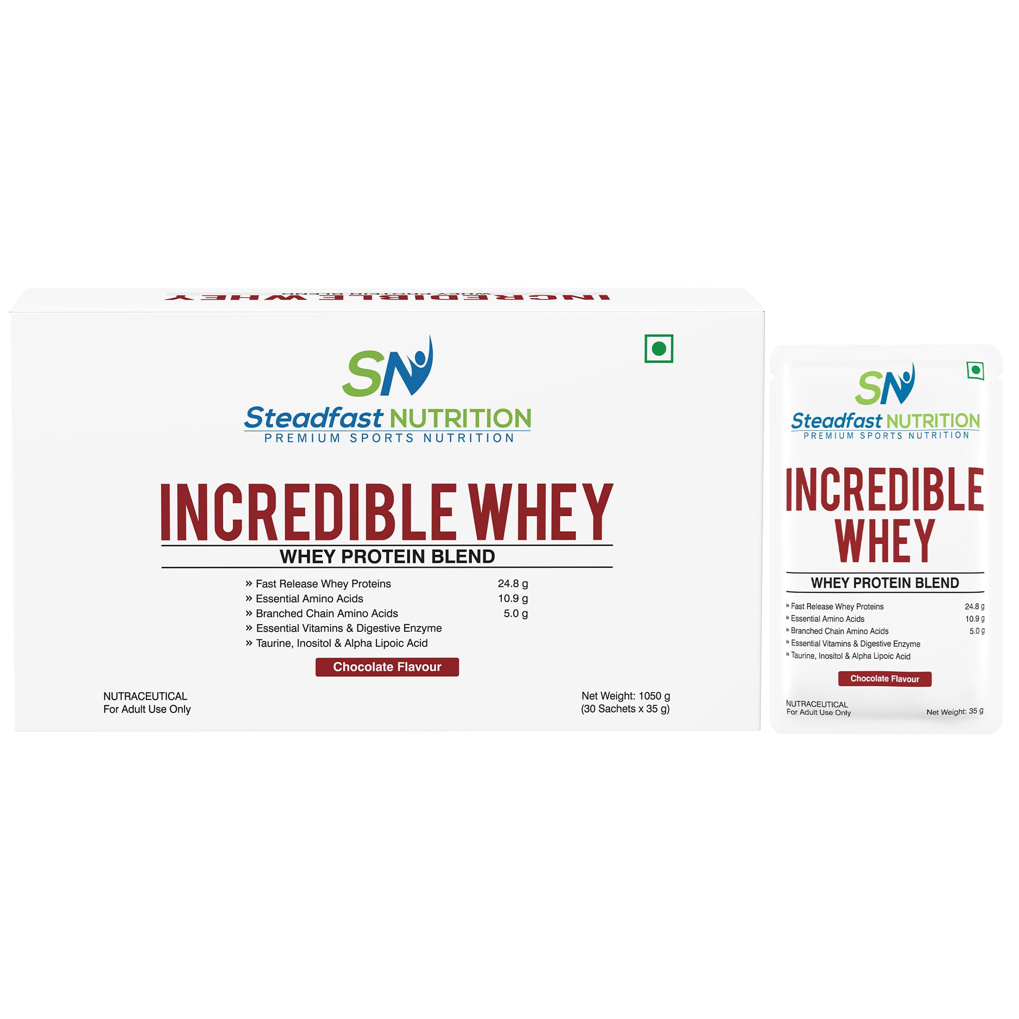 Steadfast Nutrition Incredible Whey Protein| Isolate and Concentrate Fast release Protein Powder for Men and Women No added preservatives (Chocolate, 30 Sachets) (FREE NEON SHAKER)