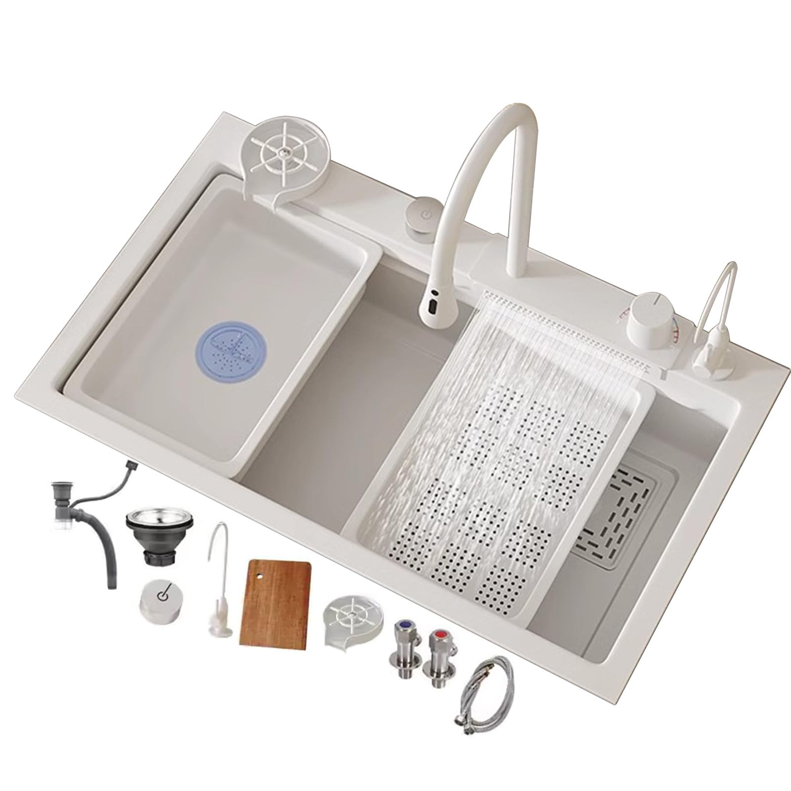 YADZISW Modern 304 Stainless Steel Kitchen Sink with Waterfall Faucet 75x45cm Undermount Design White Multi Function Accessories for Stylish Upgrade