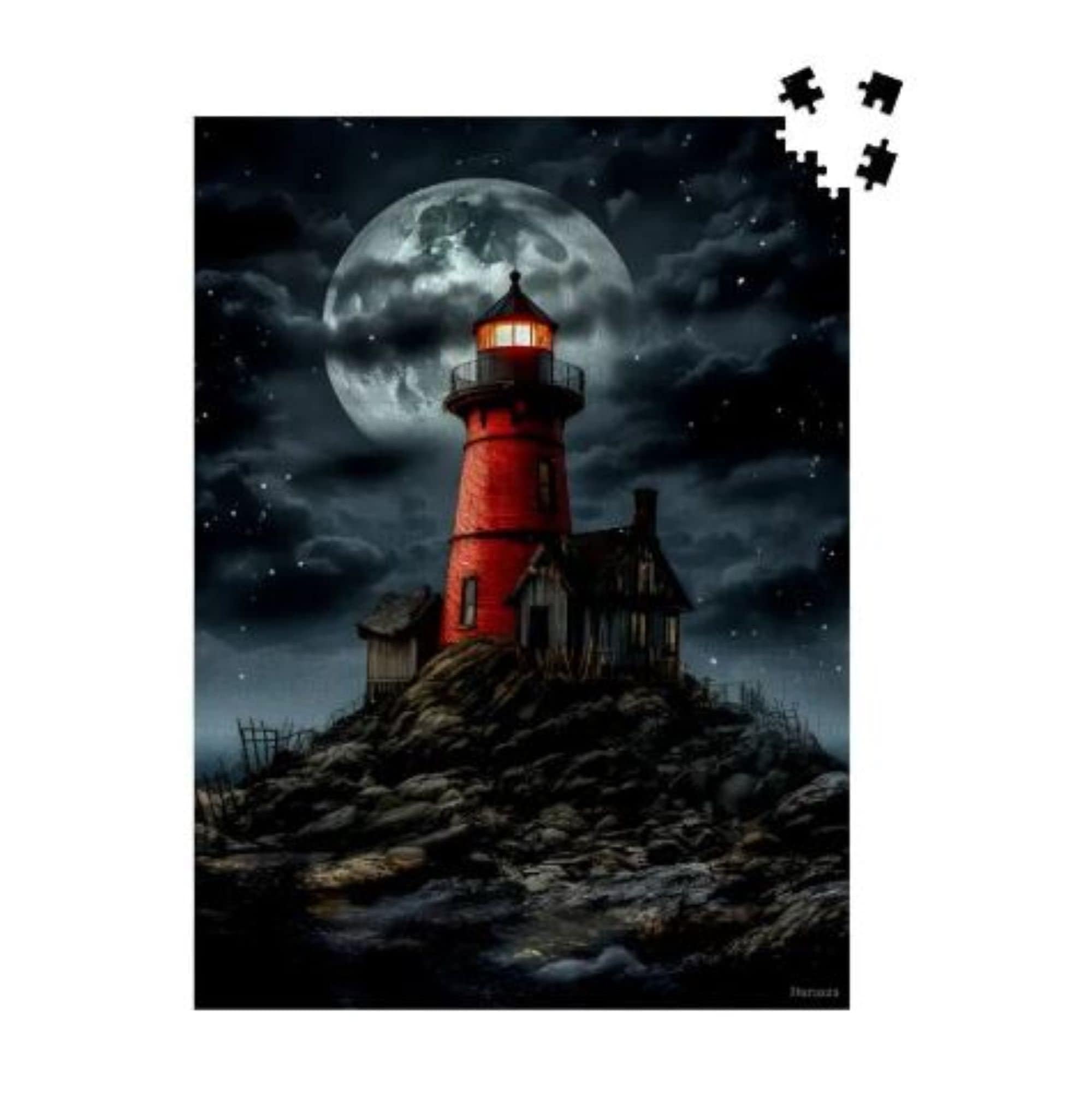 Red Lighthouse Jigsaw Puzzle: 1000 Pieces, Gothic Wood Puzzle For Adults, Coastal Artwork, Moody Rhode Island Shoreline โ image 1