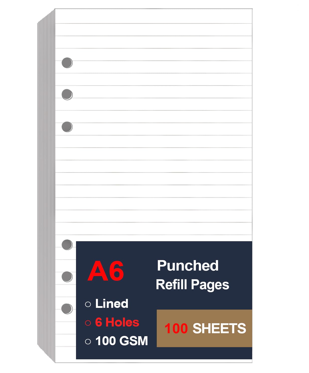 A6 Lined Paper Refill 6 Ring, A6 Filler Paper for Filofax Personal Binder Planner, 100gsm Ruled Pages, 6 Hole Punched, 100 Sheets/200 Pages, 3.75 x 6.75 Inch