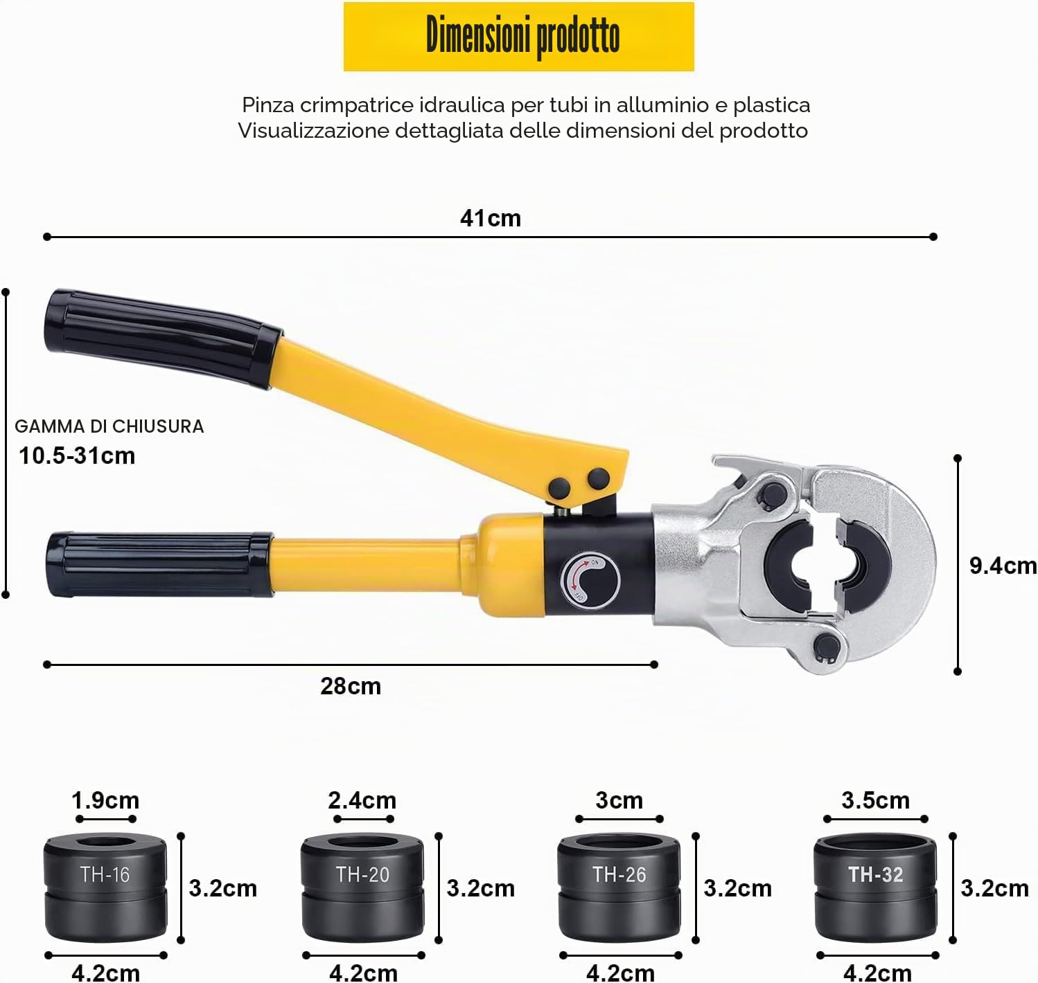 Pinza crimpatrice idraulica per tubi, pinza crimpatrice per tubi a pressione, pinza crimpatrice per tubi compositi profilo TH per tubi in alluminio-plastica con profilo TH 16 20 26 32mm².