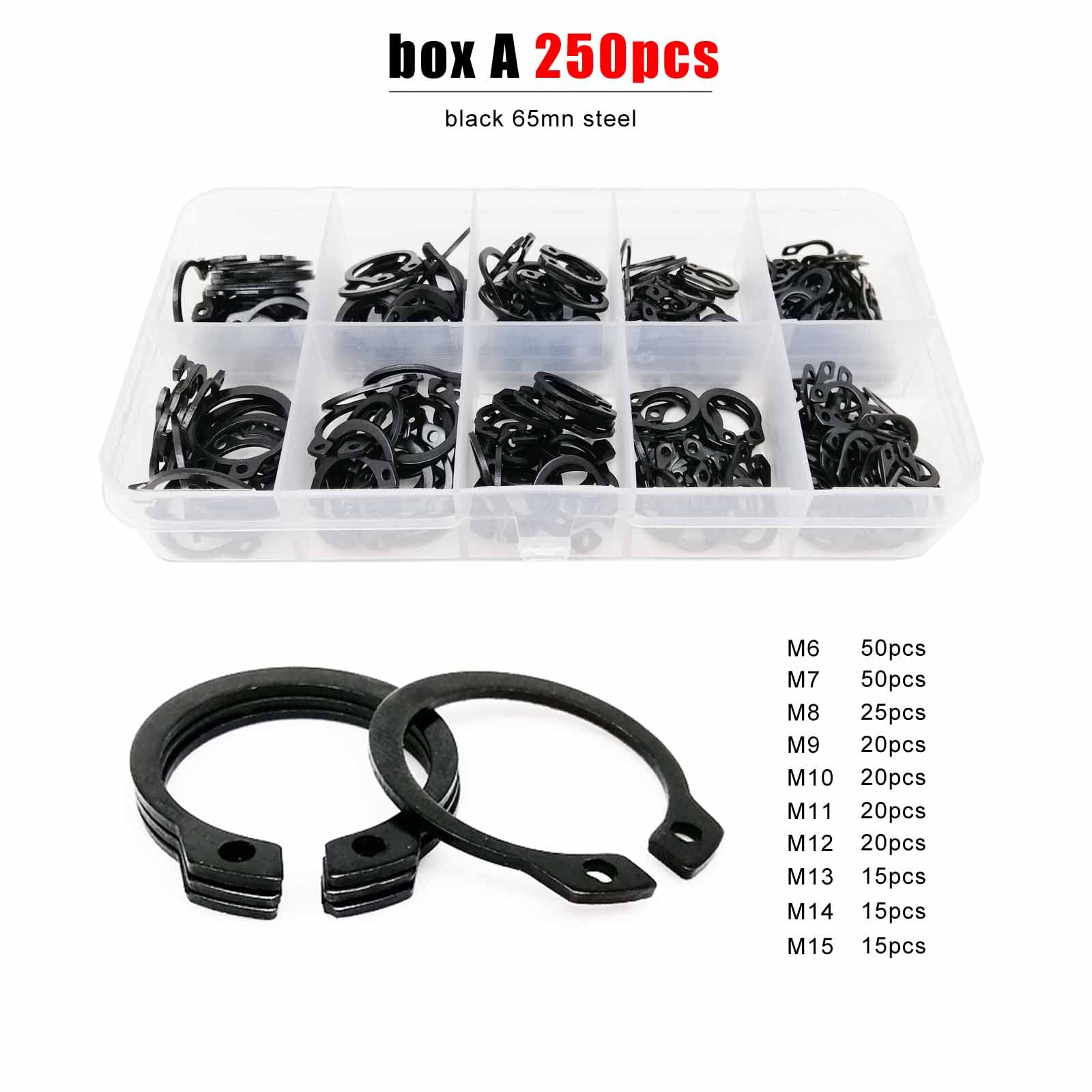 Anello elastico a scatto in acciaio inossidabile, pinze for anelli di bloccaggio, anelli elastici, kit assortimento 250/900 pezzi Set da M5 a M20 Nero 65 minuti Cuscinetto albero Clip di fissaggio Ane