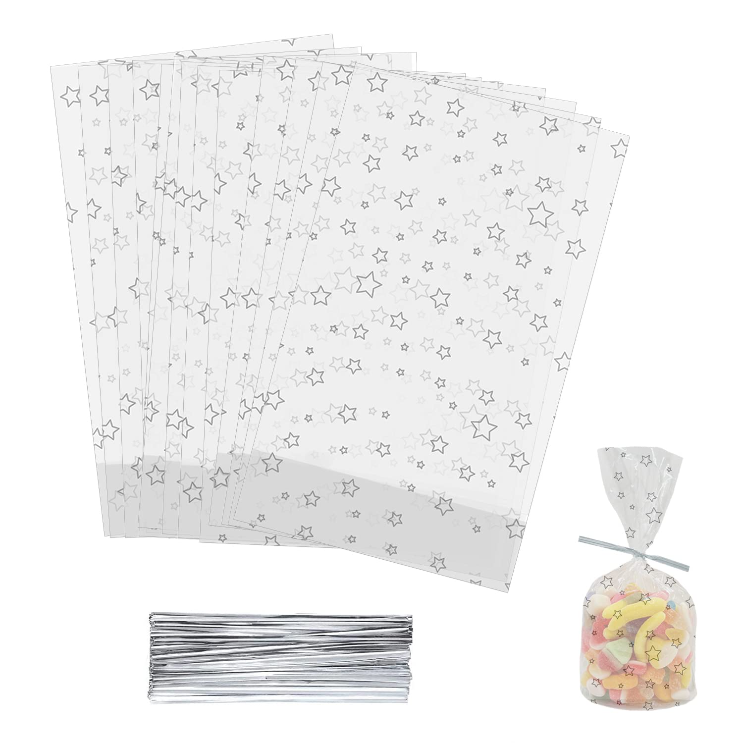 100 pcs Transparent Cellophane Bags Large (10 x 6 inches) Sweets Bags with 100 Colourful Ties, Cellophane Bag Food Safe Clear Bags for Sweets Gift Food Storage