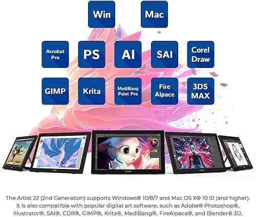 Miniatura 6 de XPPen Artist 22 2ª tableta gráfica de computadora 122% sRGB con función de inclinación, lápiz capacitivo sin batería, soporte ajustable, pantalla