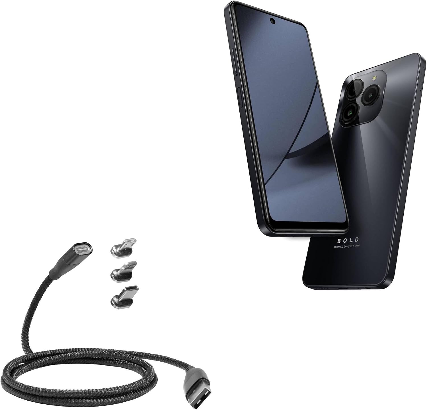 BoxWave Cable Compatible with BLU Bold K10 - MagnetoSnap PD AllCharge Cable (100W), Magnet Charging Braided USB Type-C Micro - Jet Black