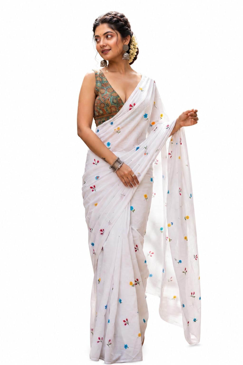 harnarmade Embroidered Pure Cotton Saree (White, Multicolor)-picture-11