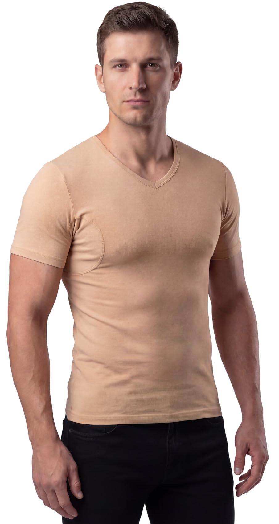 Canottiera intima da uomo color pelle, con inserti contro macchie di sudore, invisibile a mezza manica e scollo a V