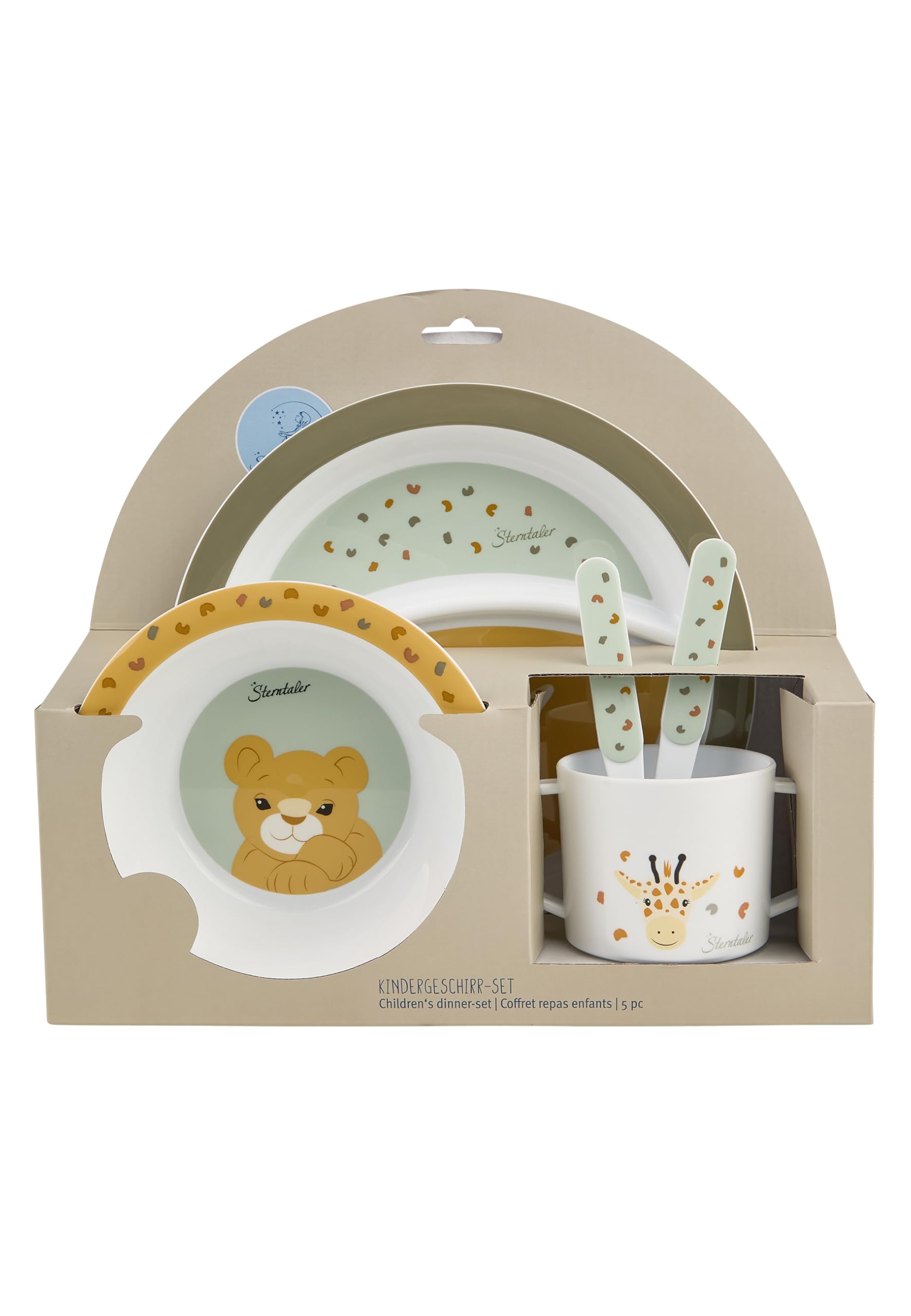 Sterntaler Geschirrset Giraffe & Löwe – Rutschfester Teller, Schale, Besteck & Becher – aus lebensmittelechtem, robustem Material – Für Babys & Kleinkinder - Geschenk-Set, blassgrün