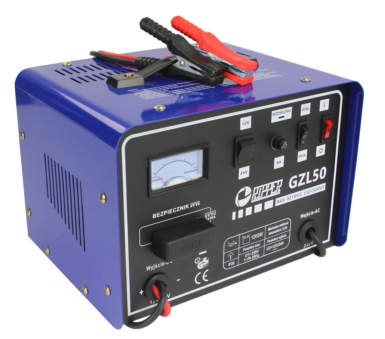 Cargador de coche con carga rápida | 12-24 V | corriente máxima 50 A | portátil | azul