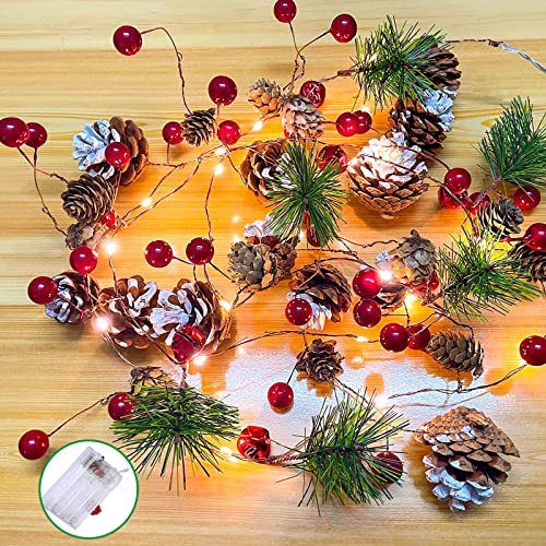 Guirlandes de Noël, XVZ 20LED 2m Guirlandes lumineuses à piles avec Aiguilles de Pin, Pommes de Pin, Baies rouges, Cloches, pour décoration de Escaliers Noël et du Nouvel An Cover