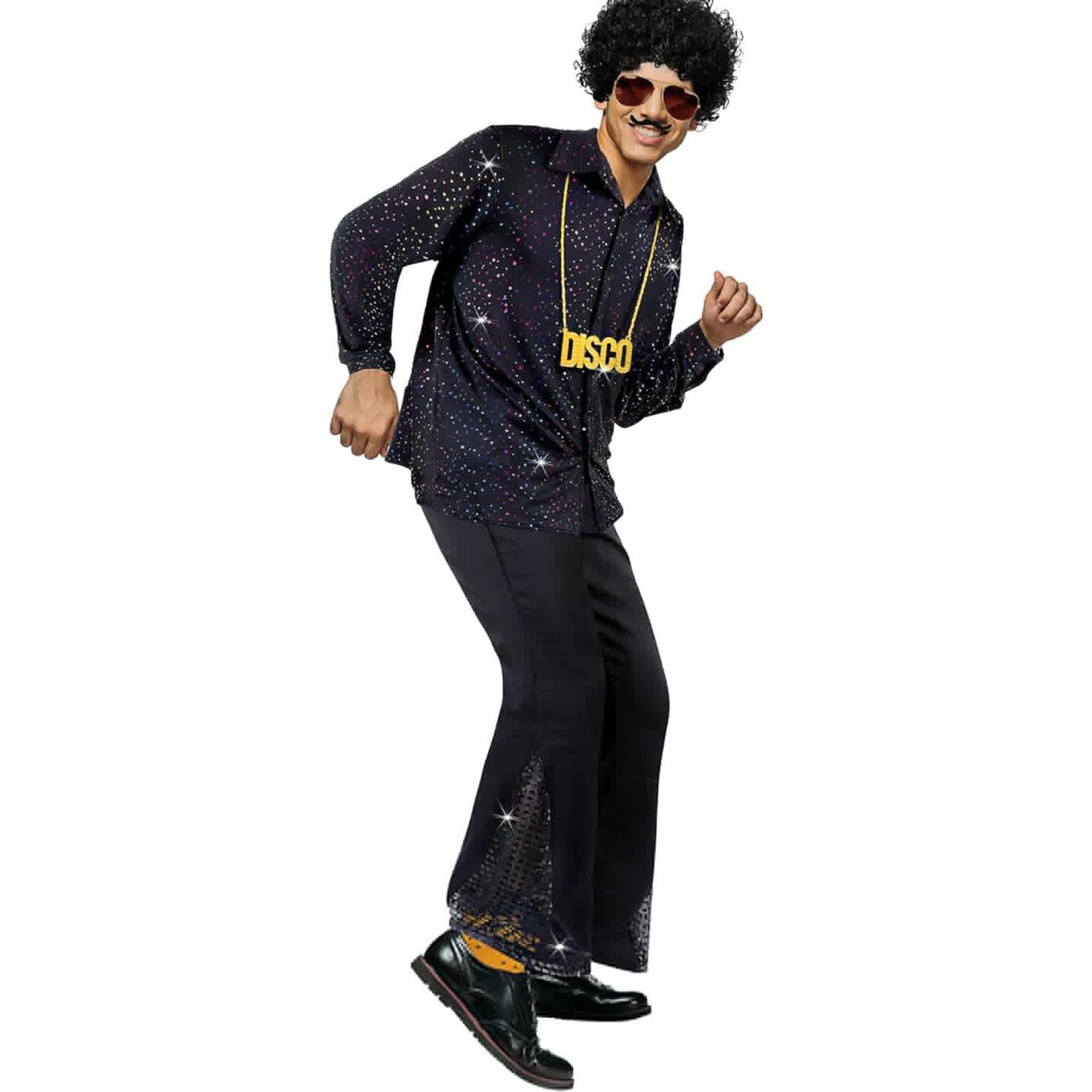 Generisch 6 Stück 70er Jahre Disco Outfit Herren Karneval Kostüm Retro 80er Jahre Glockenunterteil Hosen Hemden Perücken Halskette Schnurrbart Sonnenbrille Faschingskostüme