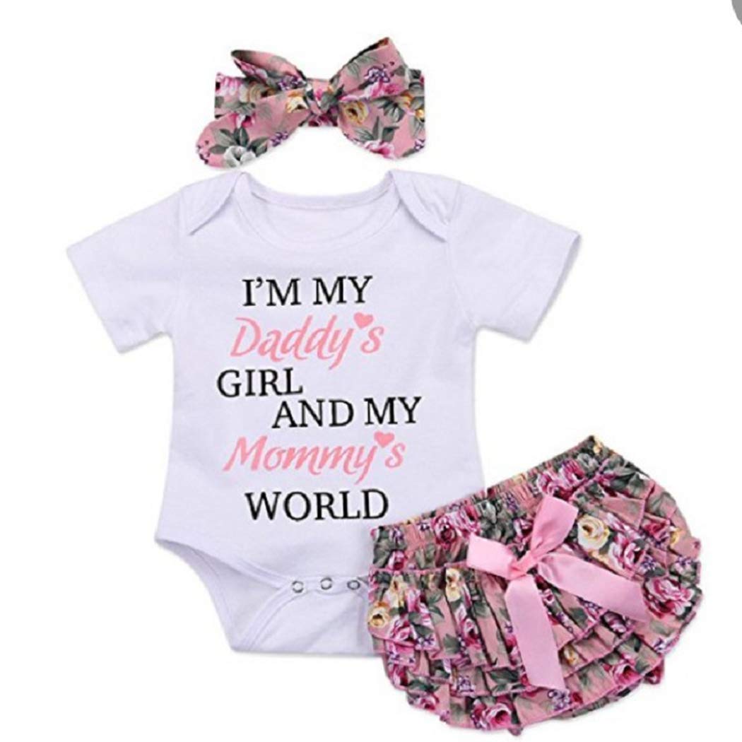 3PCS Newborn Baby Girl Romper Jumpsuit Bodysuit +Pants Shorts+Headband Outfit Set (0-6 Months) White