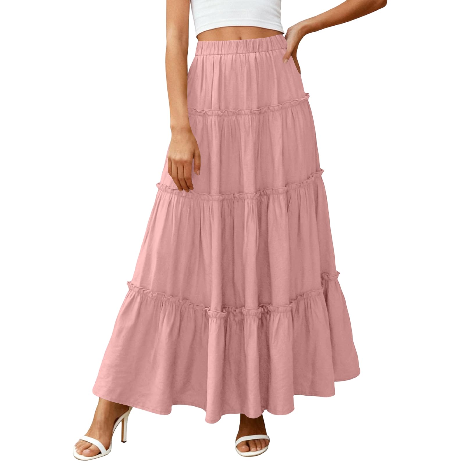 Tiered Maxi Skirt for Women High Waisted Flowy Long Linen Skirt Boho A Line Skirts Casual Beach Vacation