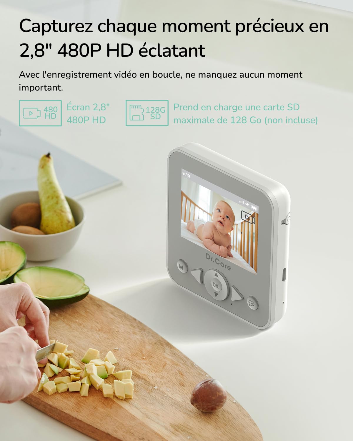 Dr.Care NeoView Babyphone Caméra Vidéo - Écran 2.8" 1500mAh, Surveillance Bébé, Audio Bidirectionnel, Vision Nocturne, VOX, Capteur de Température, Berceuses, Clip Ceinture
