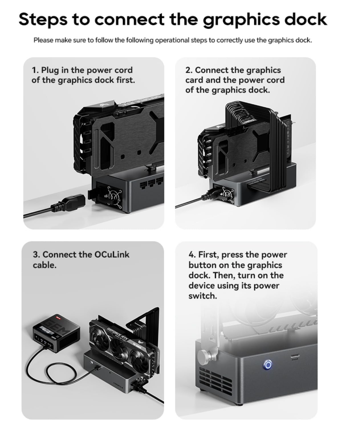 AOOSTAR AG01 eGPU Dock mit OCuLink, Externe GPU Grafikkarten-Dockingstation, PCIe 4.0 x4 (64 Gbps), Eingebautes 800W Netzteil, für GPUs bis 500W, Kompatibel mit OCuLink-Laptops & Mini-PCs