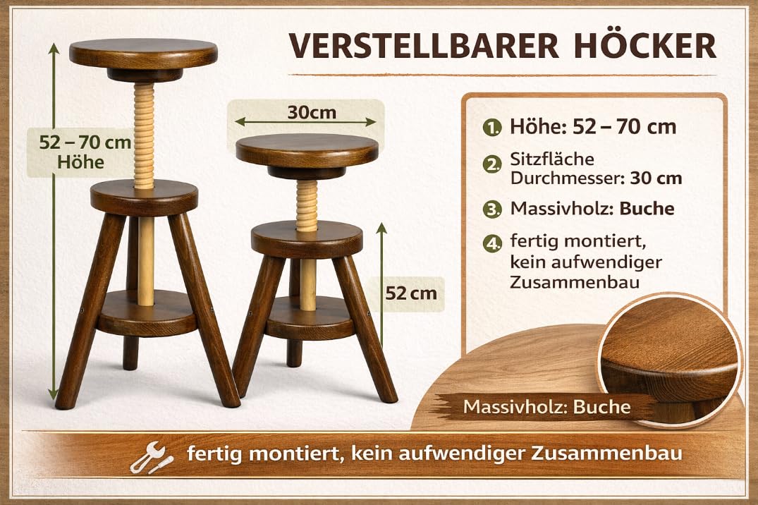 Magnetic Mobel® Hocker Massiv Schemel Stuhl Sitzmöbel Buche Drehhocker Barhocke 52-70cm (Erle)