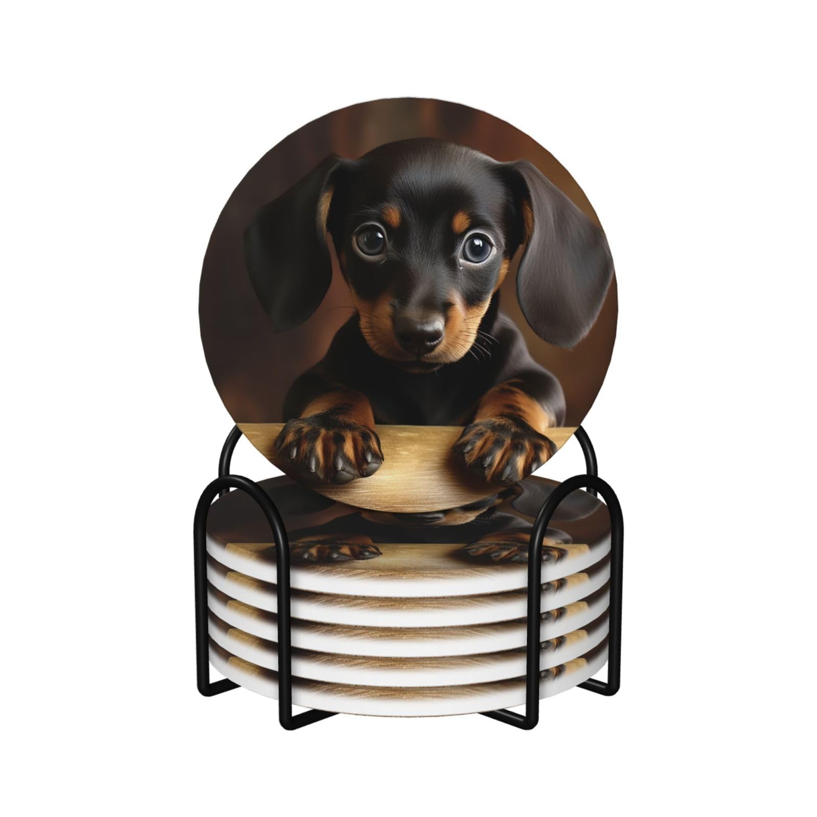 6Pcs Drink Coasters with Holder Absorbent Coffee Cup Mat Decorative Bar Coaster with Cork Back Coasters for Drinks Dog Dachshund Ceramic Table Coaster Set for Home Decor Gift