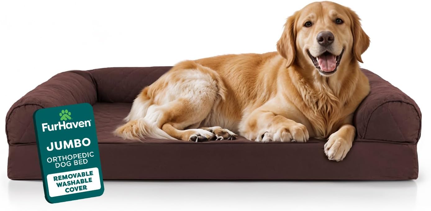 FurHaven Classic Sofa Orthopedic Dog Bed for Large Dogs With Orthopedic Egg Crate with a Solid Orthopedic Foam Base for Joint Support, Removable Washable Cover, Jumbo XL, Quilted Sofa, Coffee