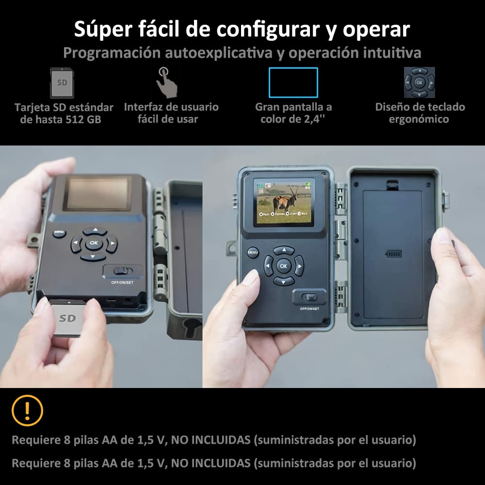 GardePro A3S Câmaras de Caça, Tarjeta de Memoria de 64GB 64MP 1296P H.264 Vidéo, Camara Fototrampeo con Alcance de Visión Nocturna de 30m y 0,1s Tiempo de Activación, LED IR de 940 NM No-Glow, IP66