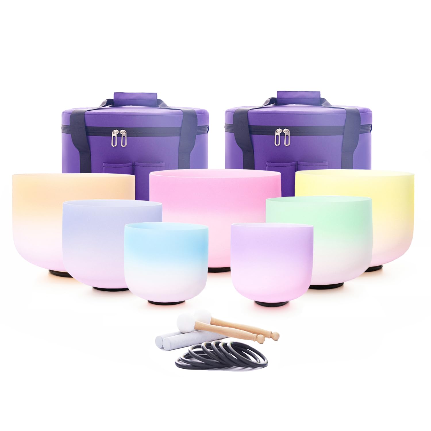 Hye-eun Kristall - Juego de cuencos de sonido de 7 piezas, 432 Hz, 10,9-30,5 cm, con arco iris bicolor – Cuenco de sonido de cuarzo, bolsa de transporte y palo de piel de oveja para yoga, meditación y