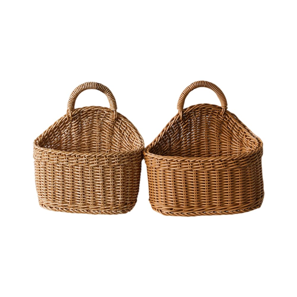 JOYWU 2 Pcs Woven Wall Hanging Baskets for Kitchen,Small Size Boho Style Handmade Hanging Vegetable Fruit Storage Basket with Handle,Wall Decorative Flower Baskets,Home Office Walls Storage Bins